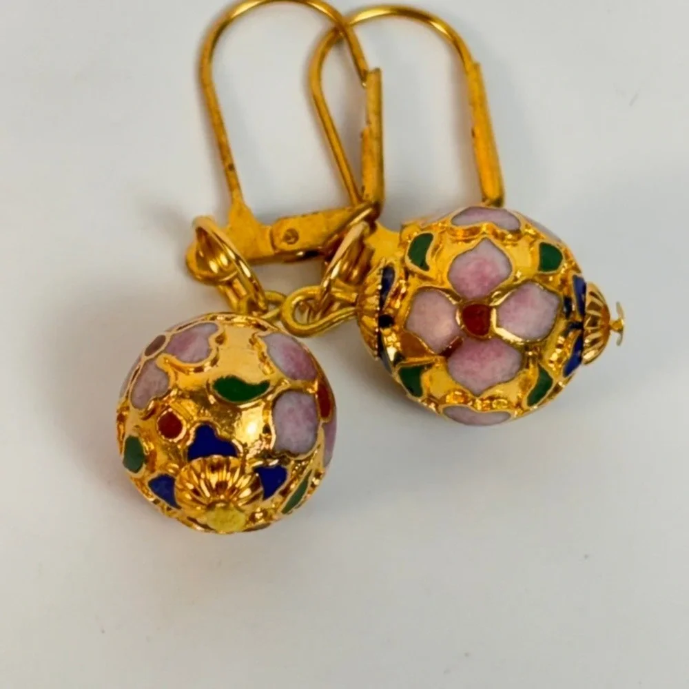 Vintage Cloisonne Dangle Earrings Gold Floral Enamel Glass Bead Boho Chic